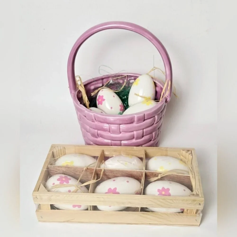 Charming Vintage Purple Basket w/ Decorative Hand painted Ceramic Eggs Ornaments